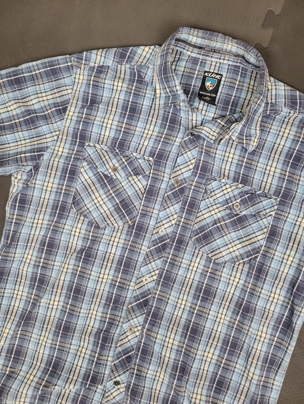 Kuhl Short Sleeve Button Shirt Mens Large Plaid Blue Suncel Hiking